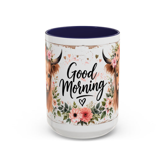 Good Morning Cow Accent Coffee Mug — Floral Highland Cow Ceramic Mug (11/15oz)