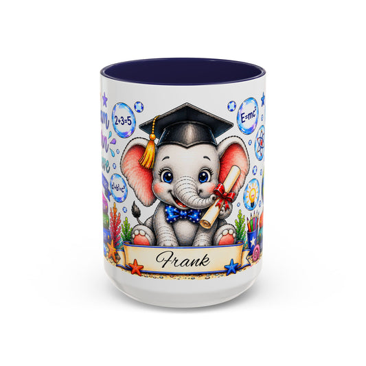 Graduation Elephant Coffee Mug — Cute Grad Cap Design with 'Stay Curious, Never Give Up' Books (11/15oz)