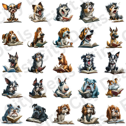 Funny Reading Dogs Clipart Bundle – 25 PNG Transparent Dog Characters, Cute Cartoon Dog Graphics for Sublimation, Stickers & Print Designs