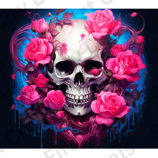 Skull Rose Tumbler Wrap, Gothic Pink Floral Skull Design, 20oz Skinny PNG, Digital Download,PV-TW-00015