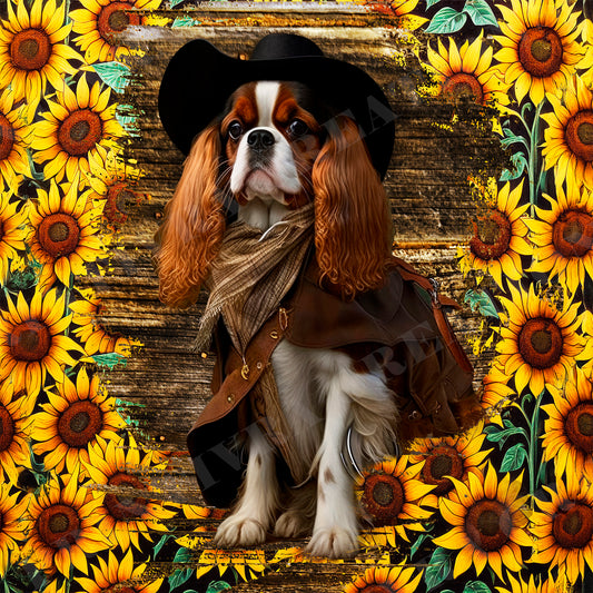 Cowboy Cavalier King Charles Spaniel Sunflower 20oz Skinny Tumbler Wrap PNG JPG - PV-TW-00021