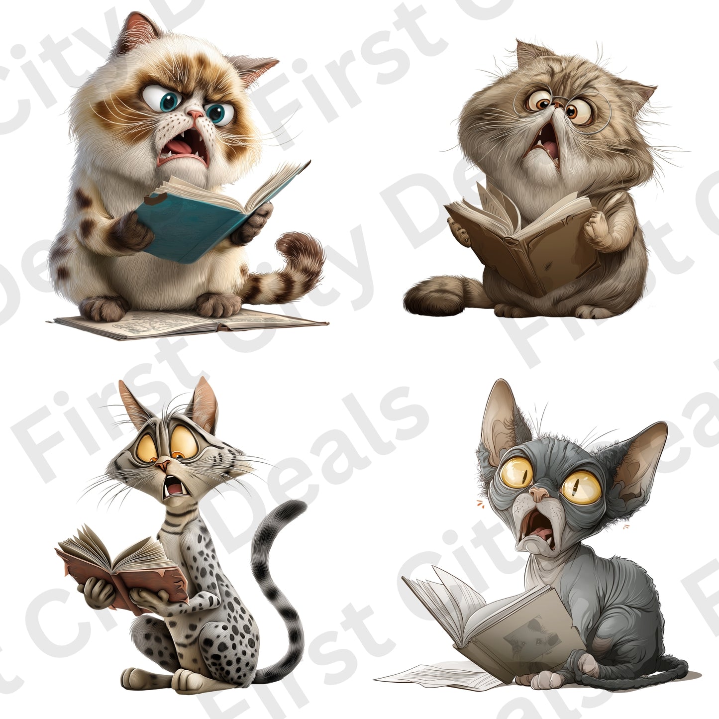 Funny Reading Cats Clipart Bundle – 25 PNG Transparent Book Lover Cats, Cute Cartoon Cat Graphics for Sublimation, Stickers & Print Designs
