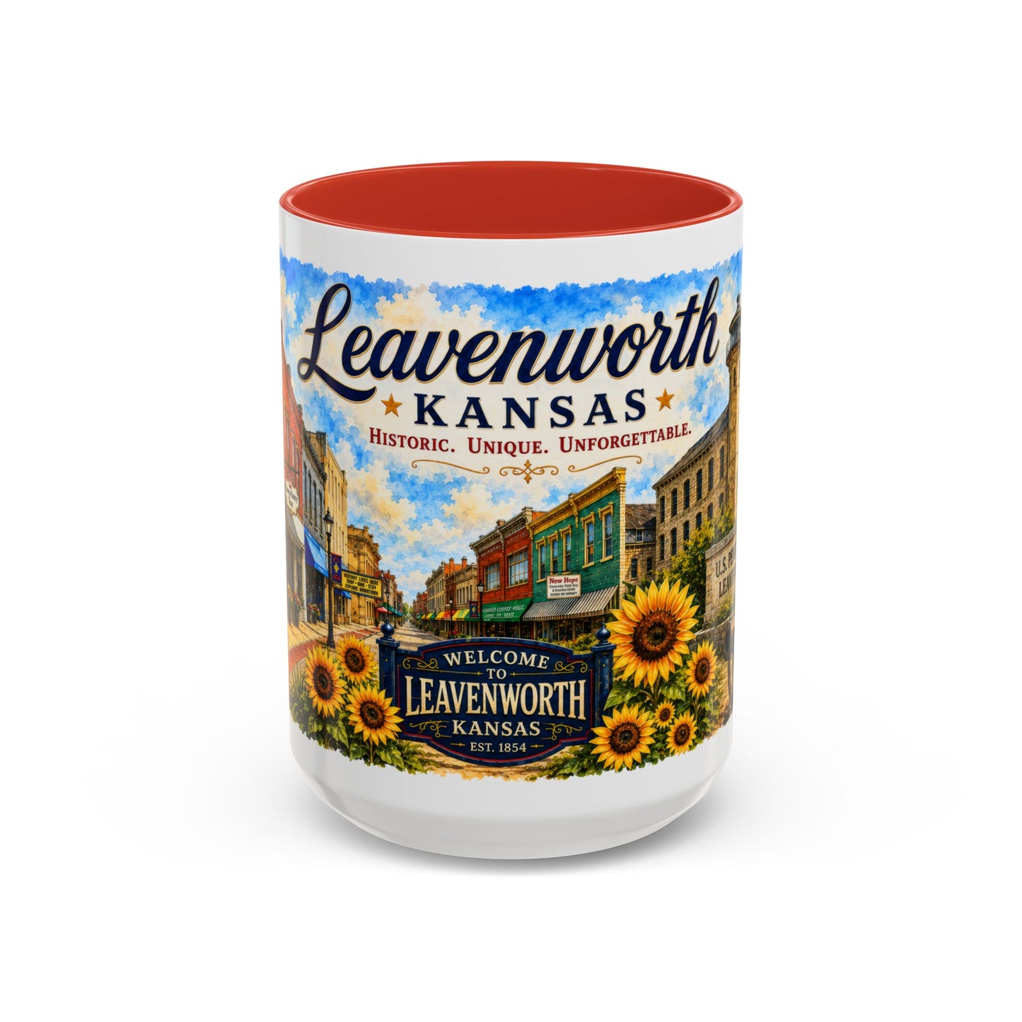 Leavenworth Kansas Scenic Coffee Mug — Sunflowers & Historic Downtown 11oz/15oz