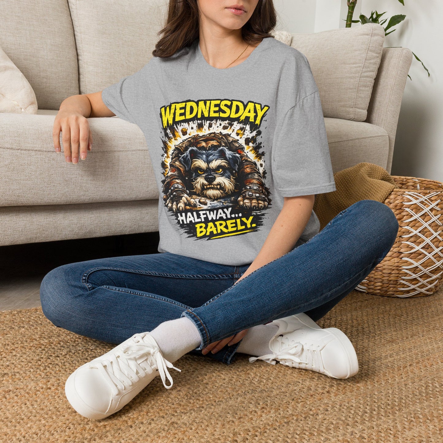 Wednesday T‑Shirt — “Wednesday Halfway… Barely.” Funny Midweek Grumpy Day Shirt