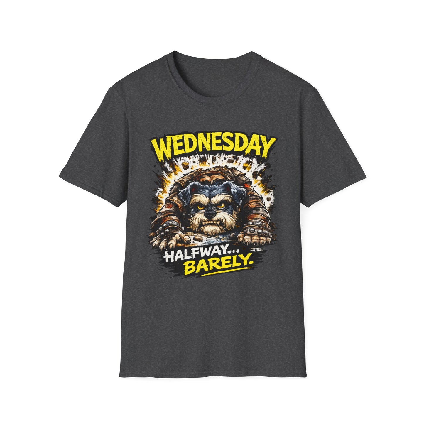 Wednesday T‑Shirt — “Wednesday Halfway… Barely.” Funny Midweek Grumpy Day Shirt