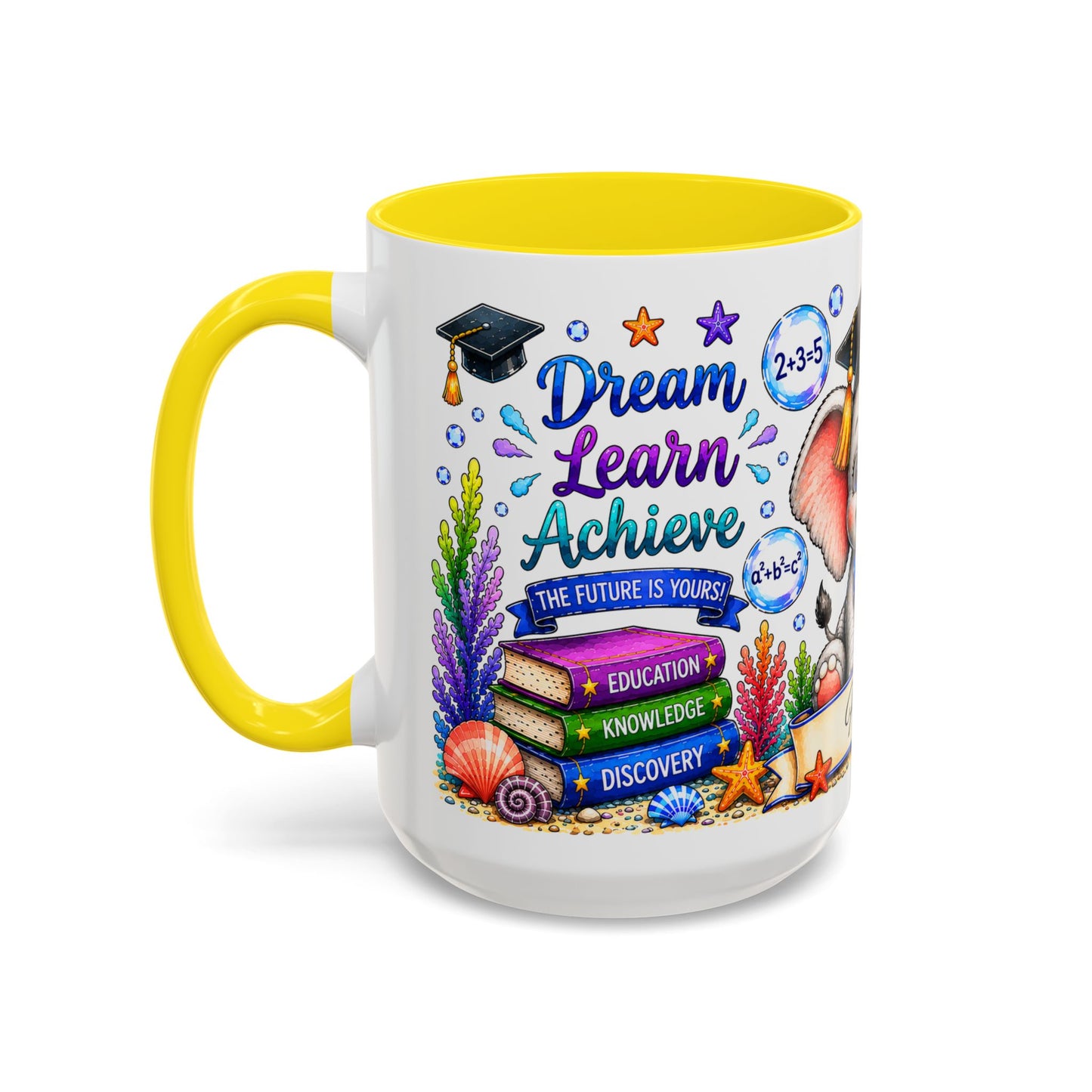 Graduation Elephant Coffee Mug — Cute Grad Cap Design with 'Stay Curious, Never Give Up' Books (11/15oz)