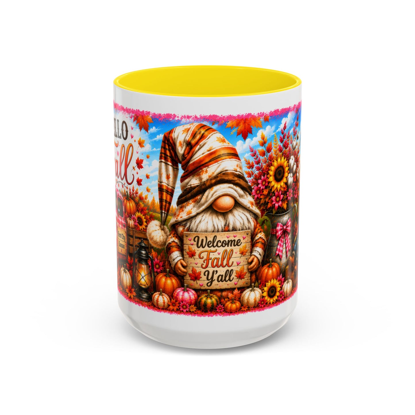 Welcome Fall Y'all Coffee Mug — Autumn Gnome Sunflowers Pumpkin Decor (First City, Kansas)