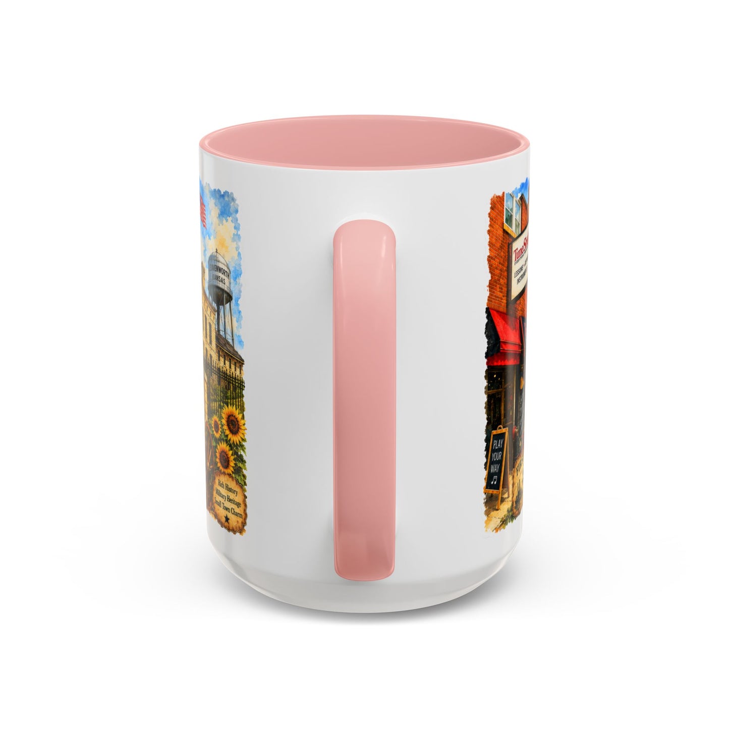 Leavenworth Kansas Scenic Coffee Mug — Sunflowers & Historic Downtown 11oz/15oz