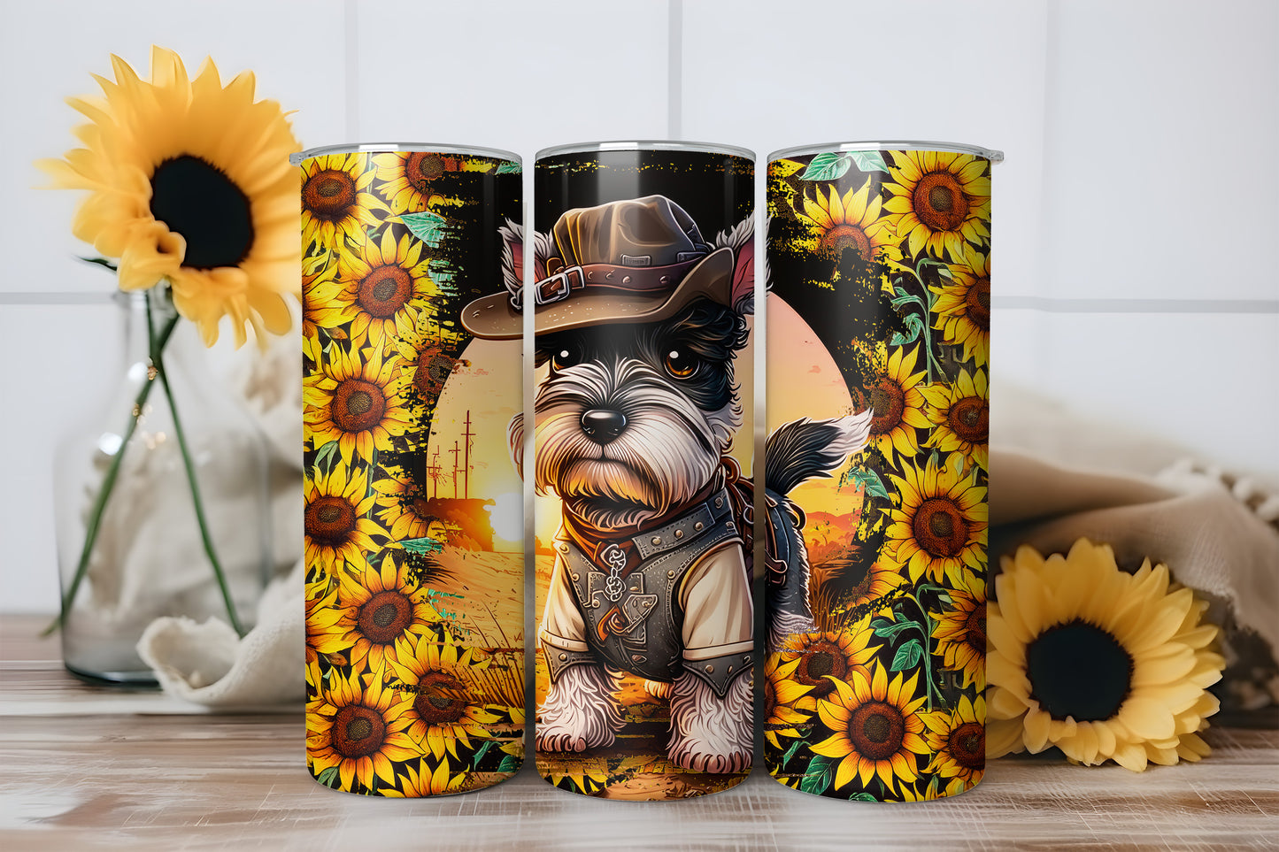 Cowboy Schnauzer Sunflower Western 20oz Skinny Tumbler Wrap PNG JPG - PV-TW-00022