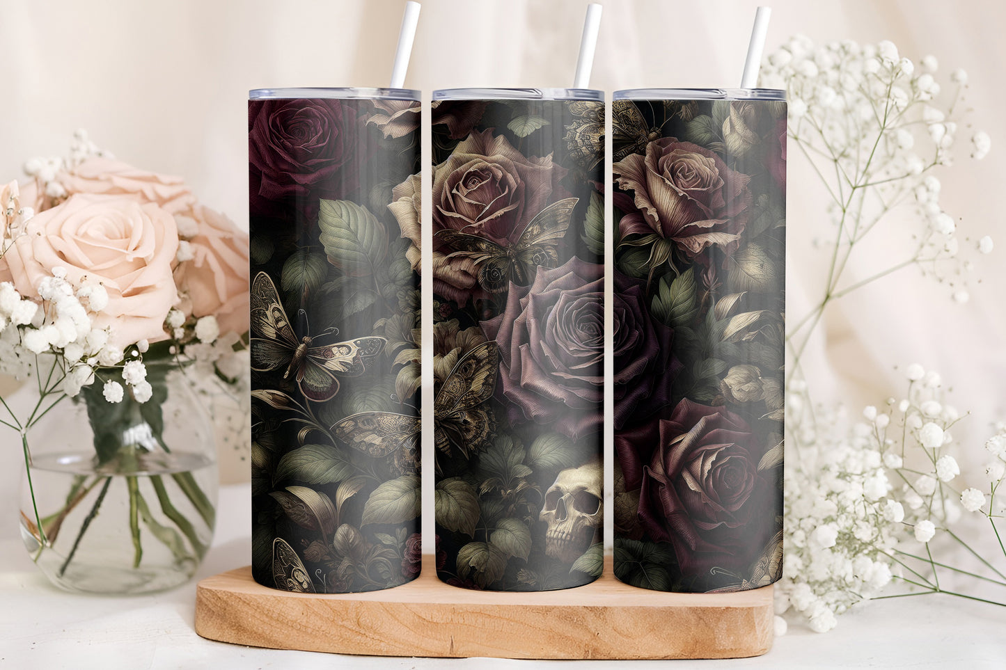 Gothic Rose Skull Tumbler Wrap, Dark Floral Butterfly Design, 20oz Skinny PNG, Digital Download, PV-TW-00016