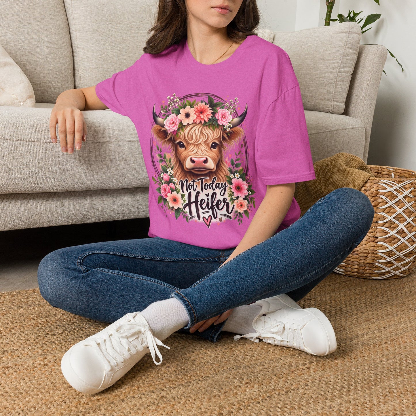 Floral Highland Cow T-Shirt — “Not Today Heifer” Cute Farm Animal Tee