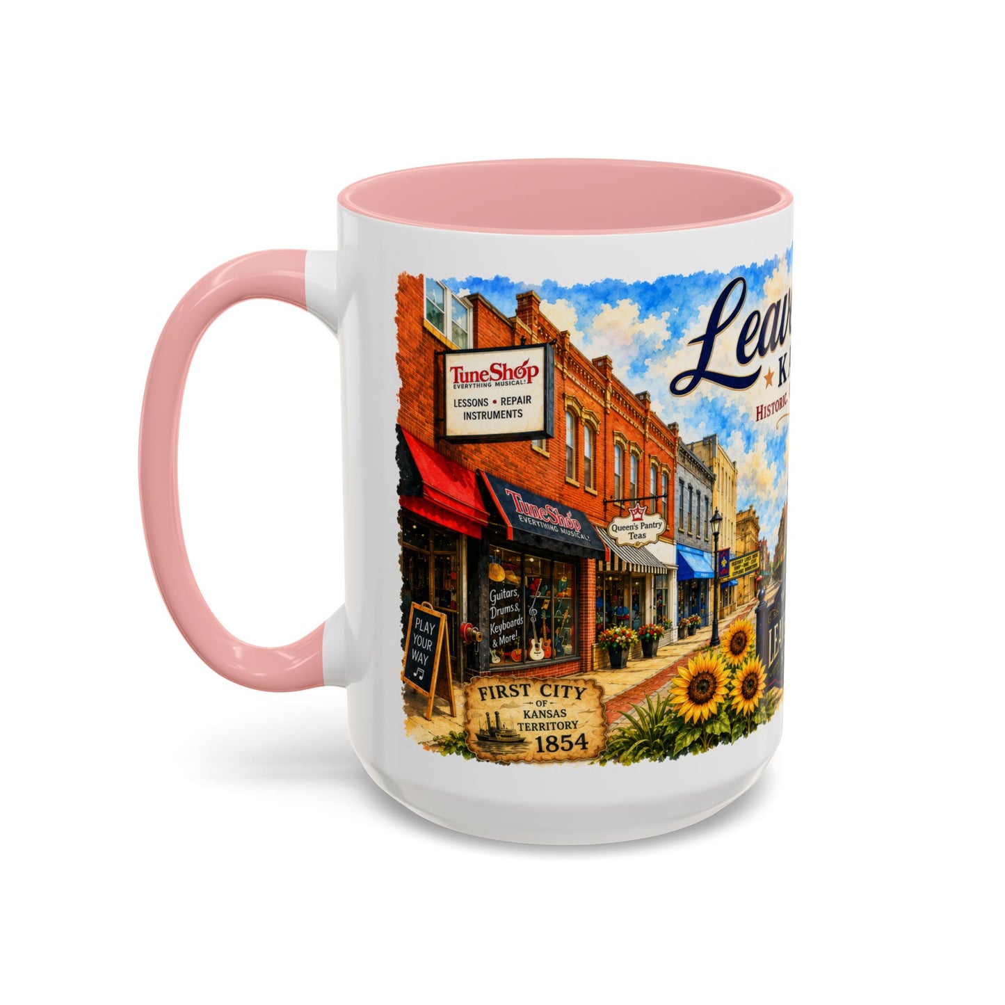 Leavenworth Kansas Scenic Coffee Mug — Sunflowers & Historic Downtown 11oz/15oz
