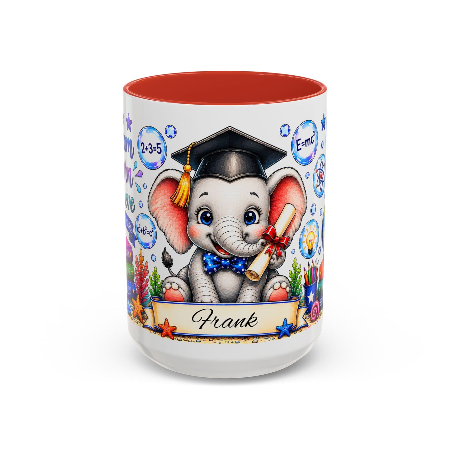 Graduation Elephant Coffee Mug — Cute Grad Cap Design with 'Stay Curious, Never Give Up' Books (11/15oz)
