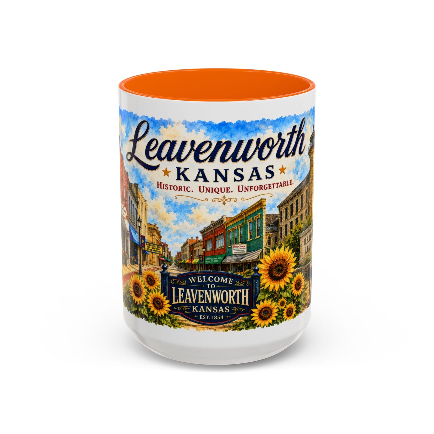 Leavenworth Kansas Scenic Coffee Mug — Sunflowers & Historic Downtown 11oz/15oz