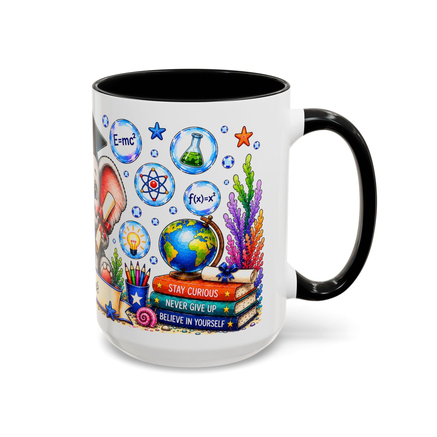 Graduation Elephant Coffee Mug — Cute Grad Cap Design with 'Stay Curious, Never Give Up' Books (11/15oz)