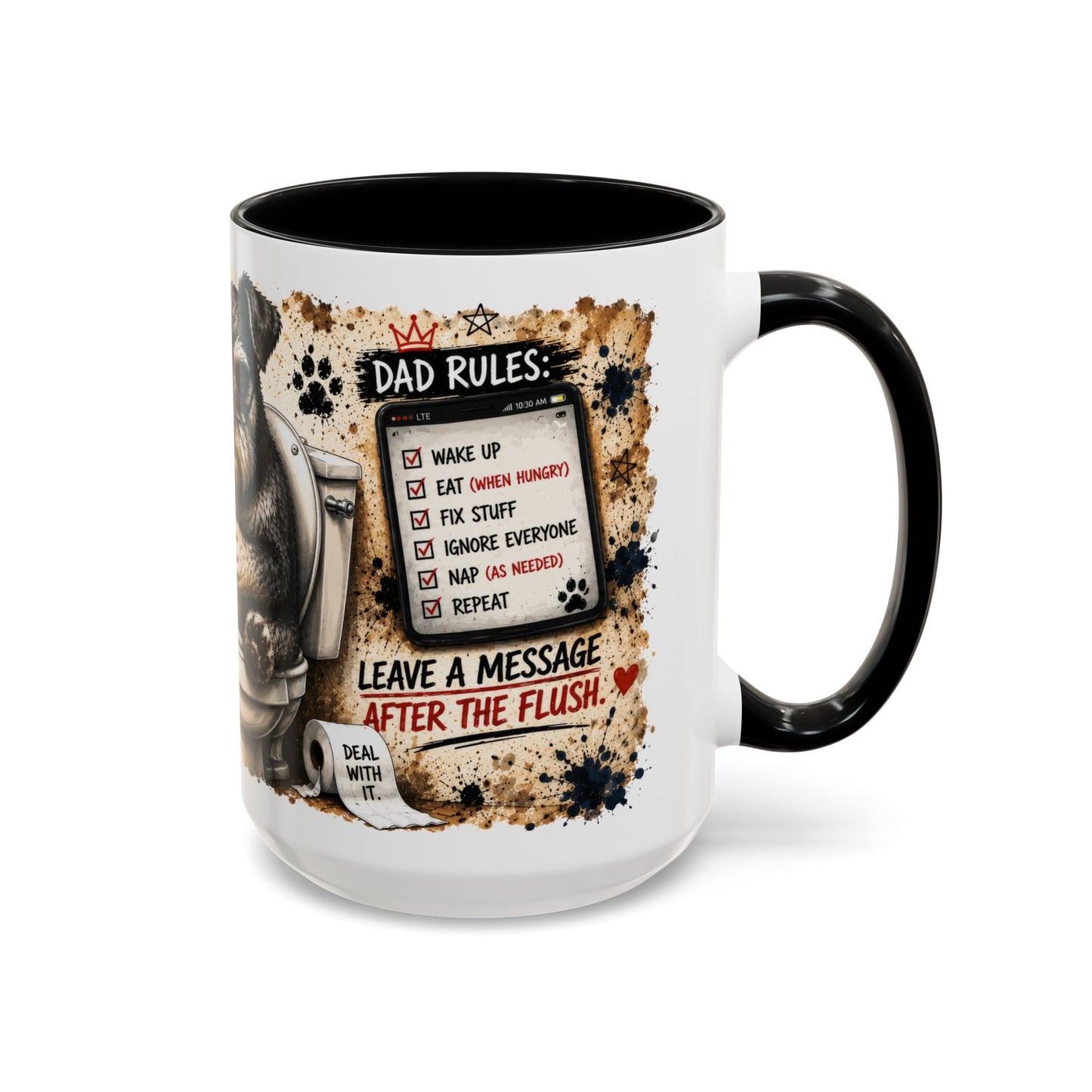 Dad Rules Coffee Mug — Funny Toilet Bulldog Design, "Leave a Message After the Flush" Accent Mug (11/15oz)
