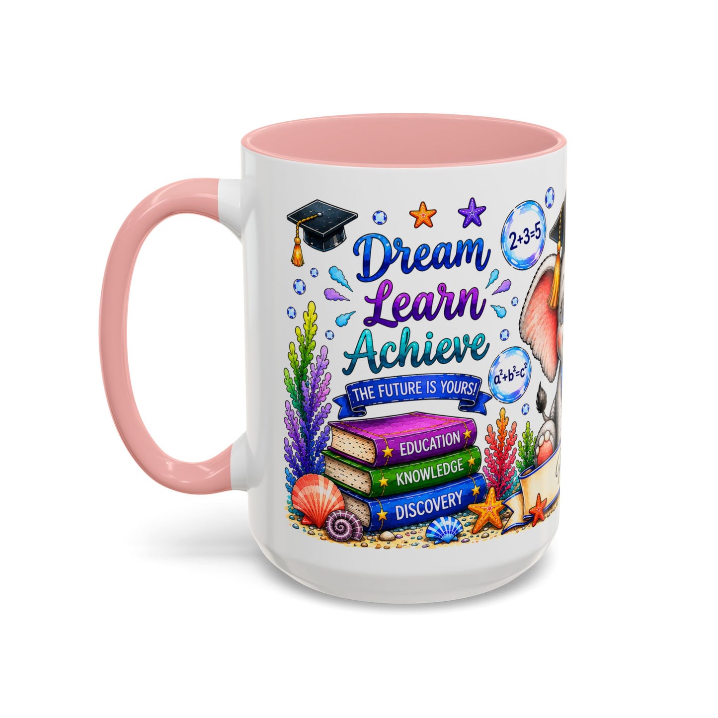 Graduation Elephant Coffee Mug — Cute Grad Cap Design with 'Stay Curious, Never Give Up' Books (11/15oz)