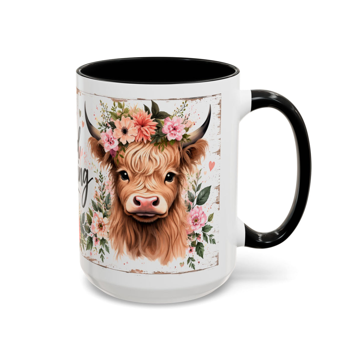 Good Morning Cow Accent Coffee Mug — Floral Highland Cow Ceramic Mug (11/15oz)