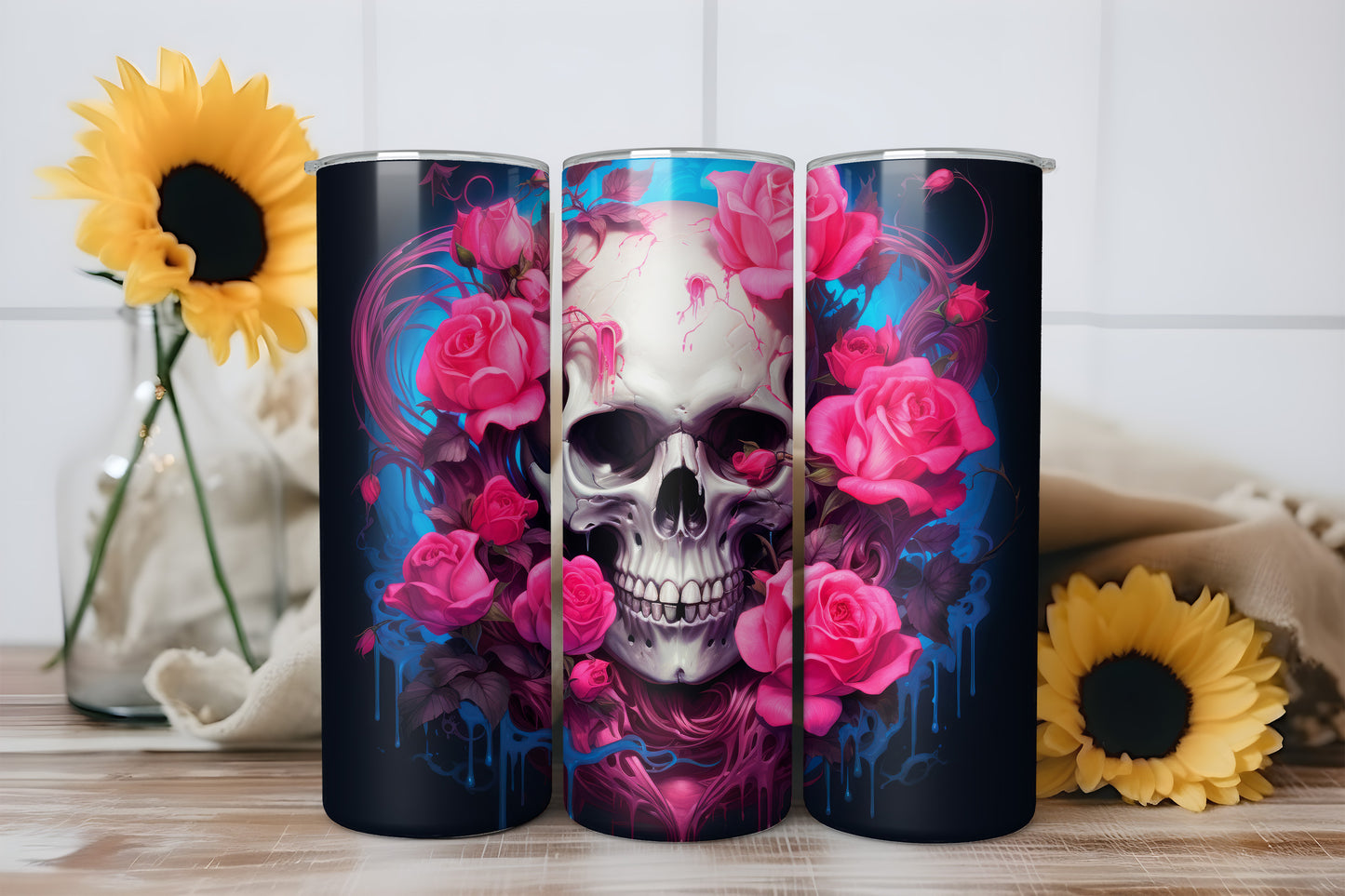 Skull Rose Tumbler Wrap, Gothic Pink Floral Skull Design, 20oz Skinny PNG, Digital Download,PV-TW-00015