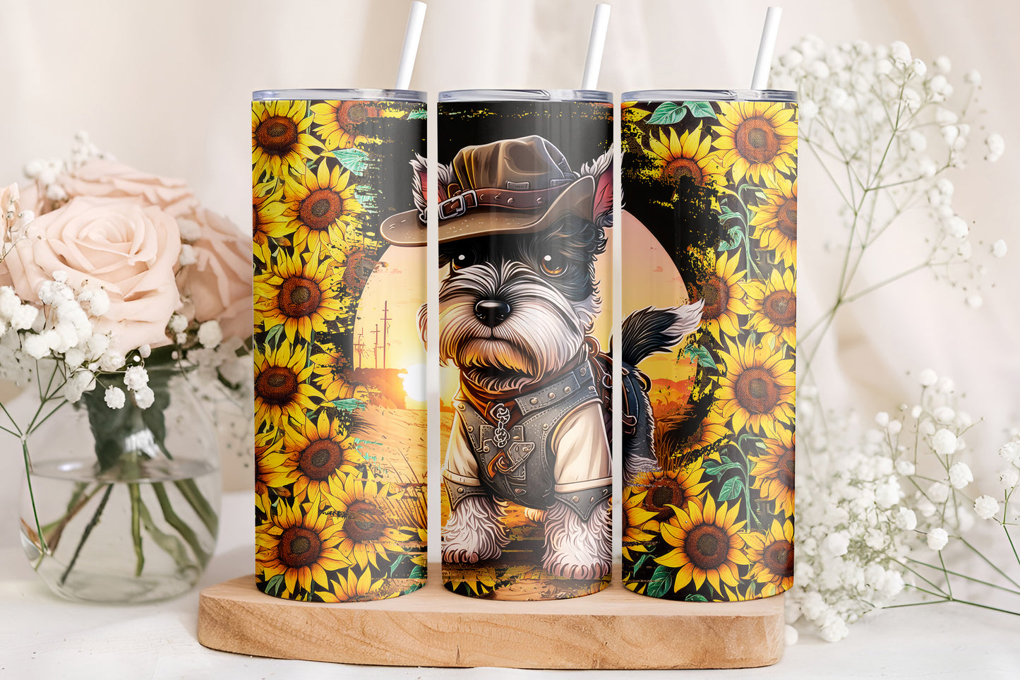 Cowboy Schnauzer Sunflower Western 20oz Skinny Tumbler Wrap PNG JPG - PV-TW-00022
