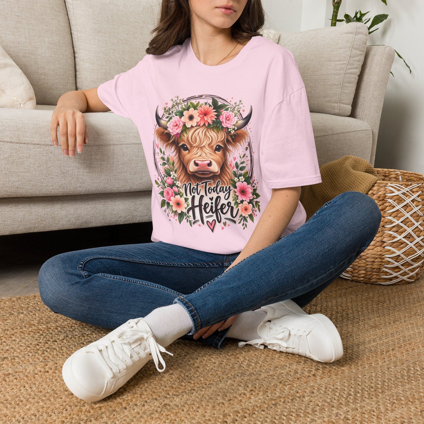 Floral Highland Cow T-Shirt — “Not Today Heifer” Cute Farm Animal Tee
