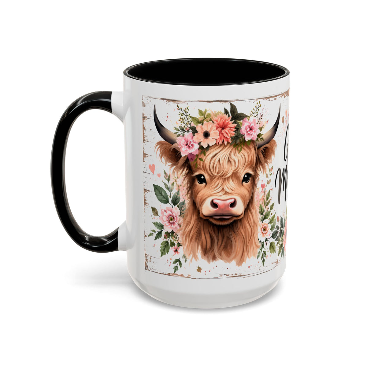 Good Morning Cow Accent Coffee Mug — Floral Highland Cow Ceramic Mug (11/15oz)