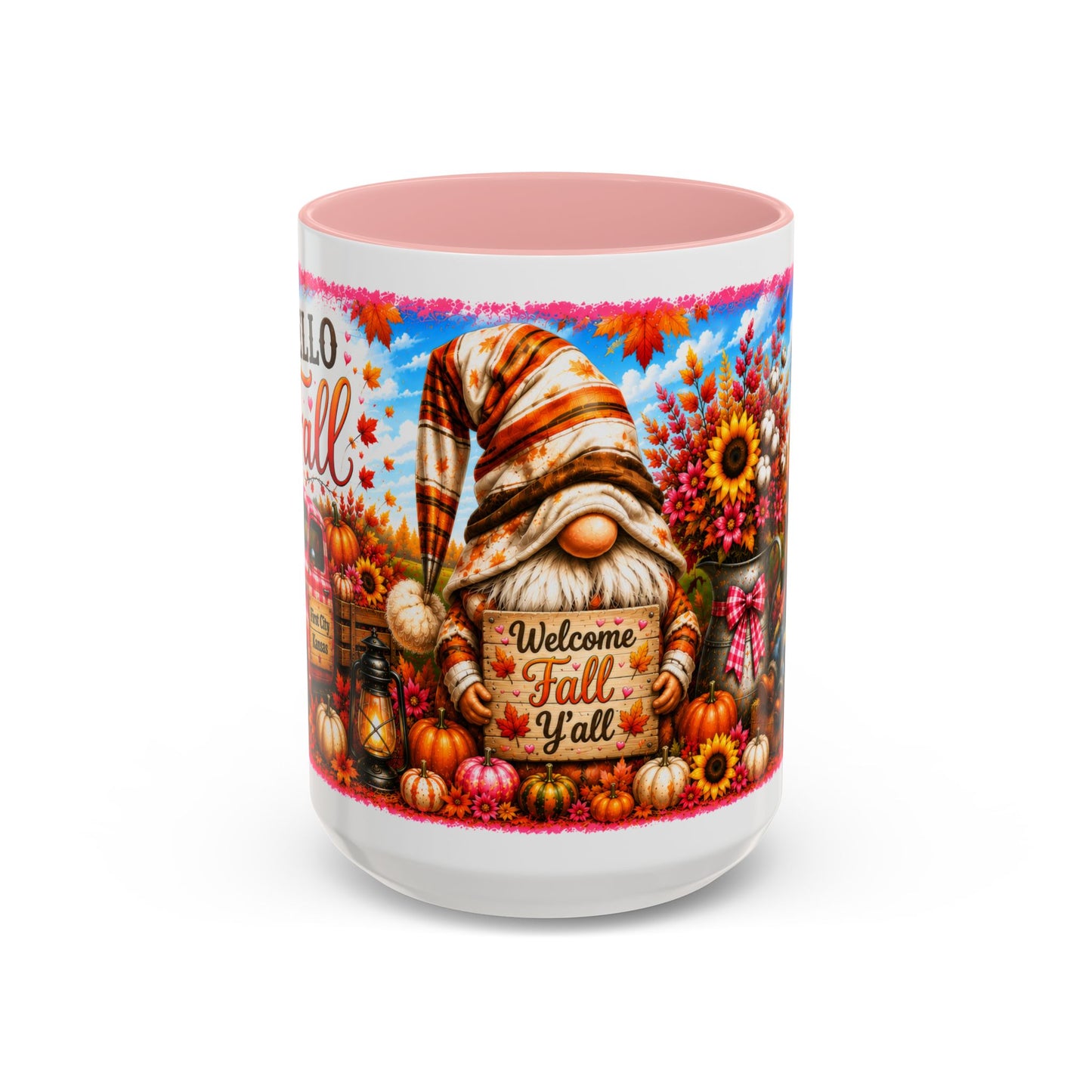 Welcome Fall Y'all Coffee Mug — Autumn Gnome Sunflowers Pumpkin Decor (First City, Kansas)