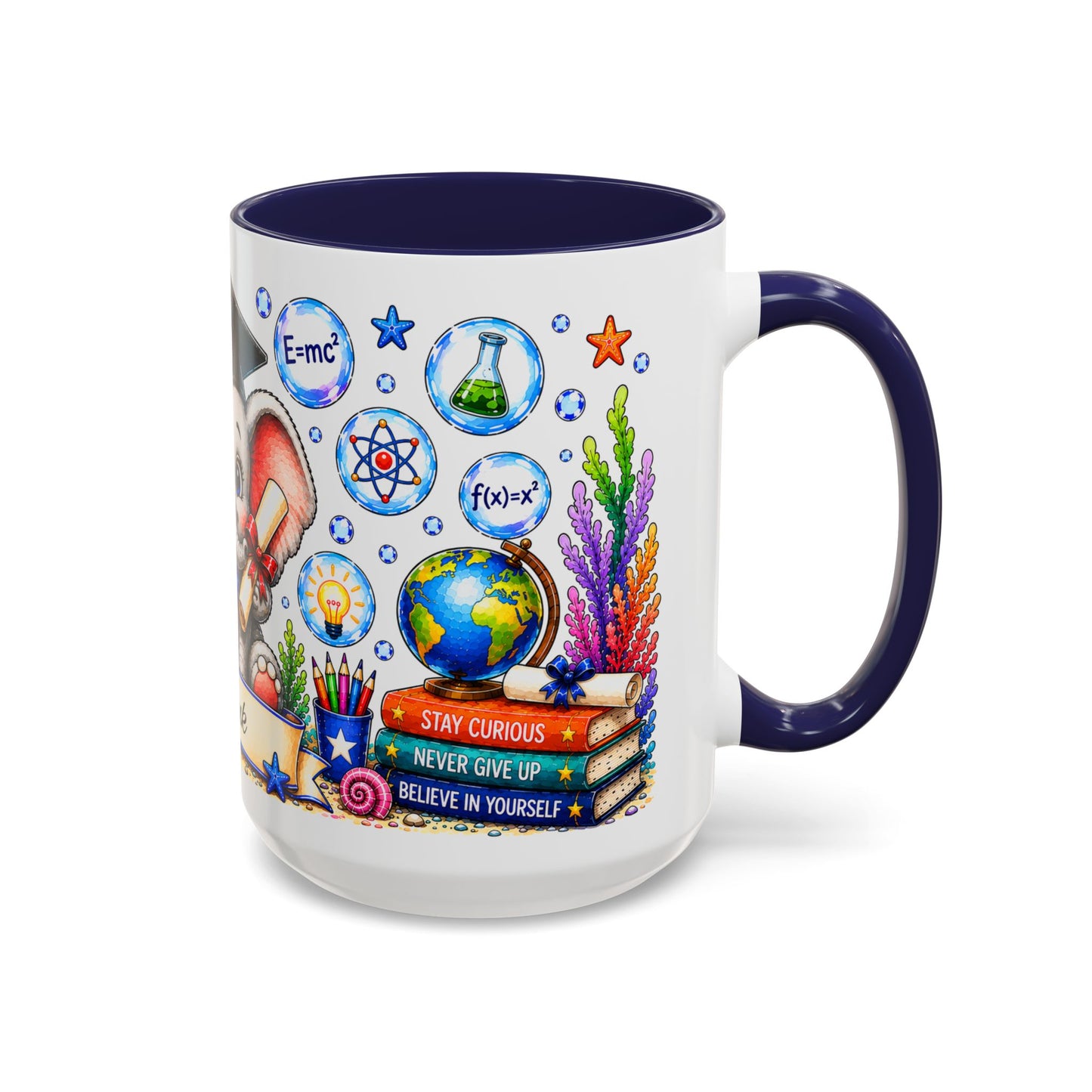 Graduation Elephant Coffee Mug — Cute Grad Cap Design with 'Stay Curious, Never Give Up' Books (11/15oz)