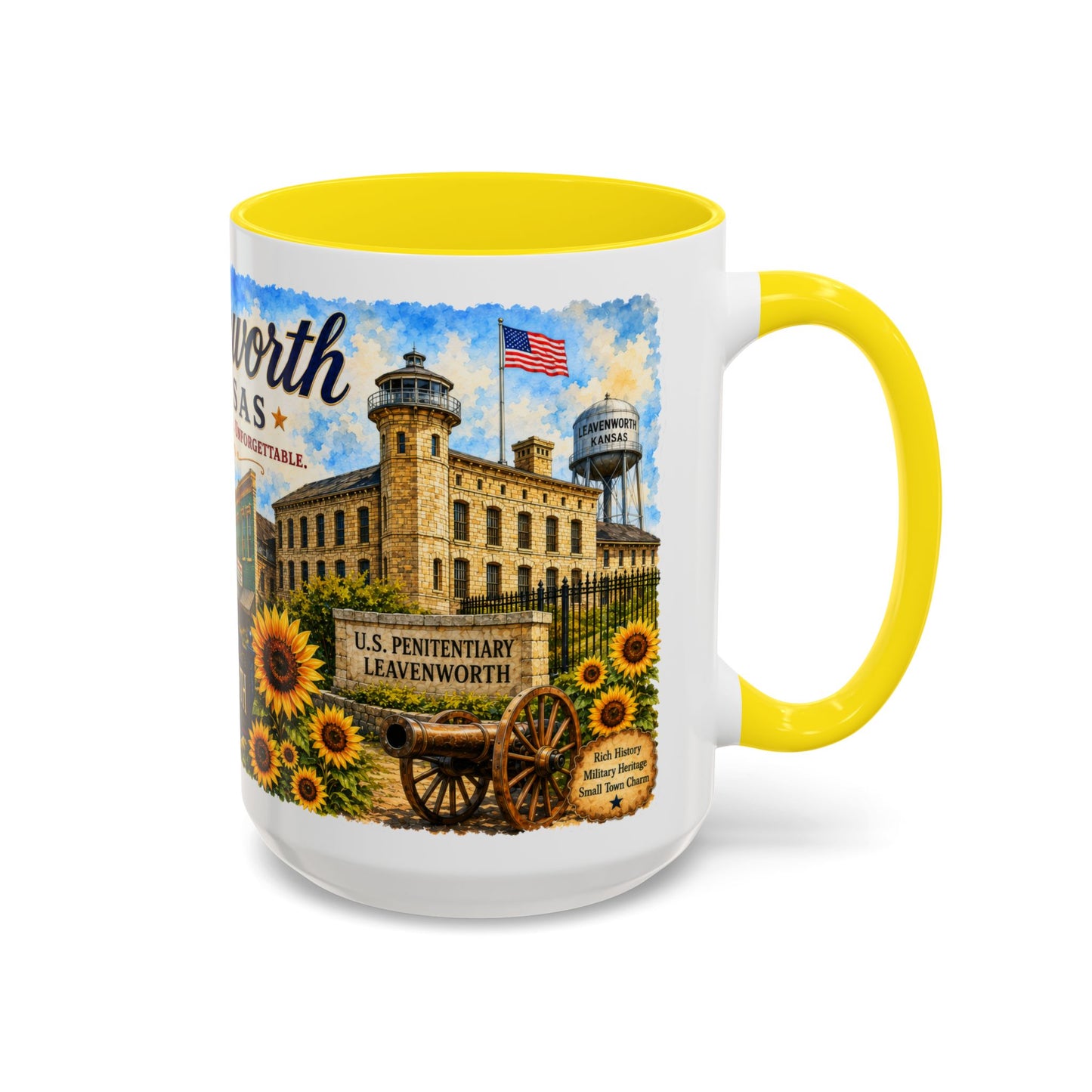 Leavenworth Kansas Scenic Coffee Mug — Sunflowers & Historic Downtown 11oz/15oz
