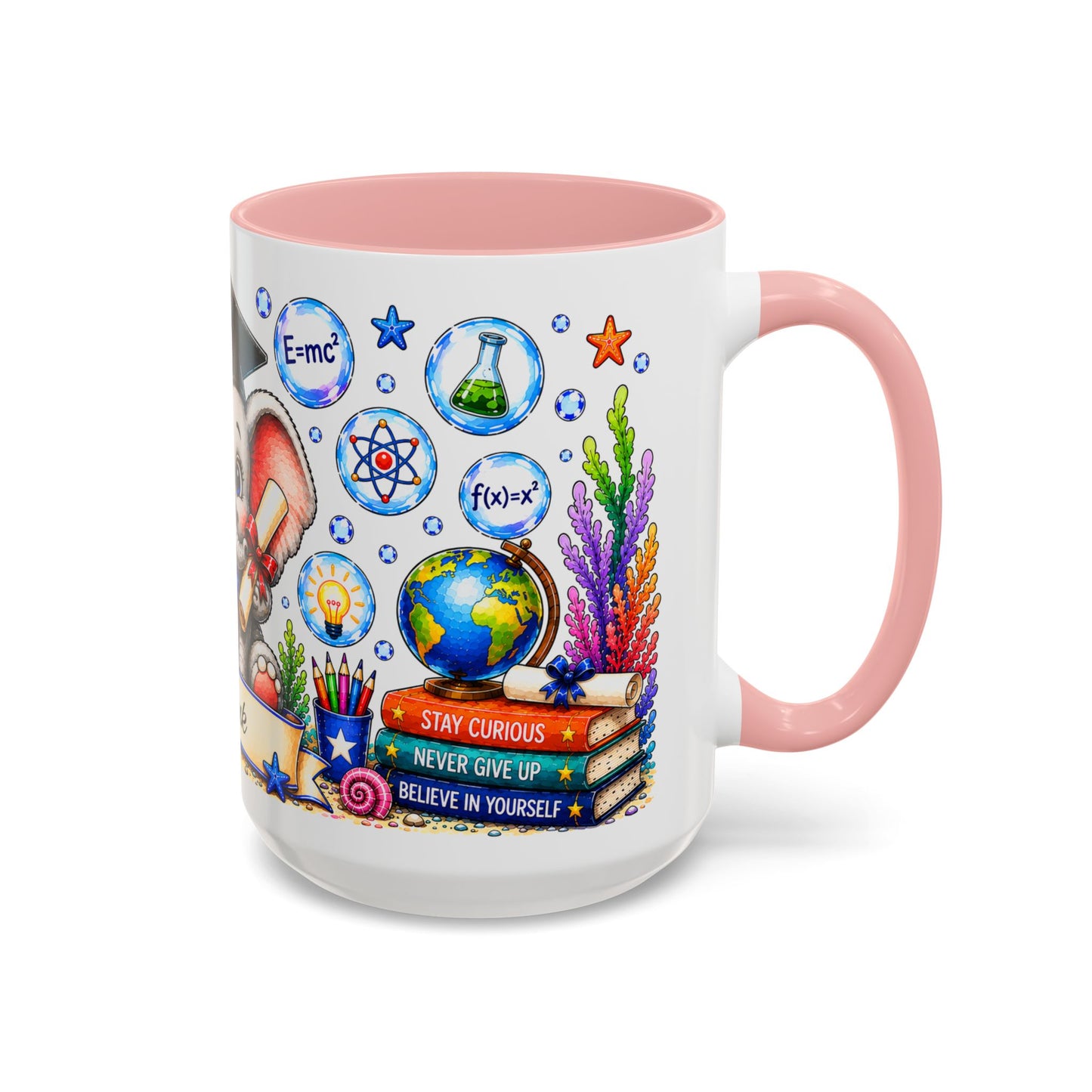 Graduation Elephant Coffee Mug — Cute Grad Cap Design with 'Stay Curious, Never Give Up' Books (11/15oz)