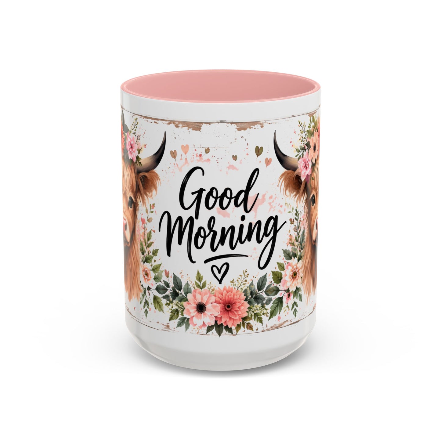 Good Morning Cow Accent Coffee Mug — Floral Highland Cow Ceramic Mug (11/15oz)