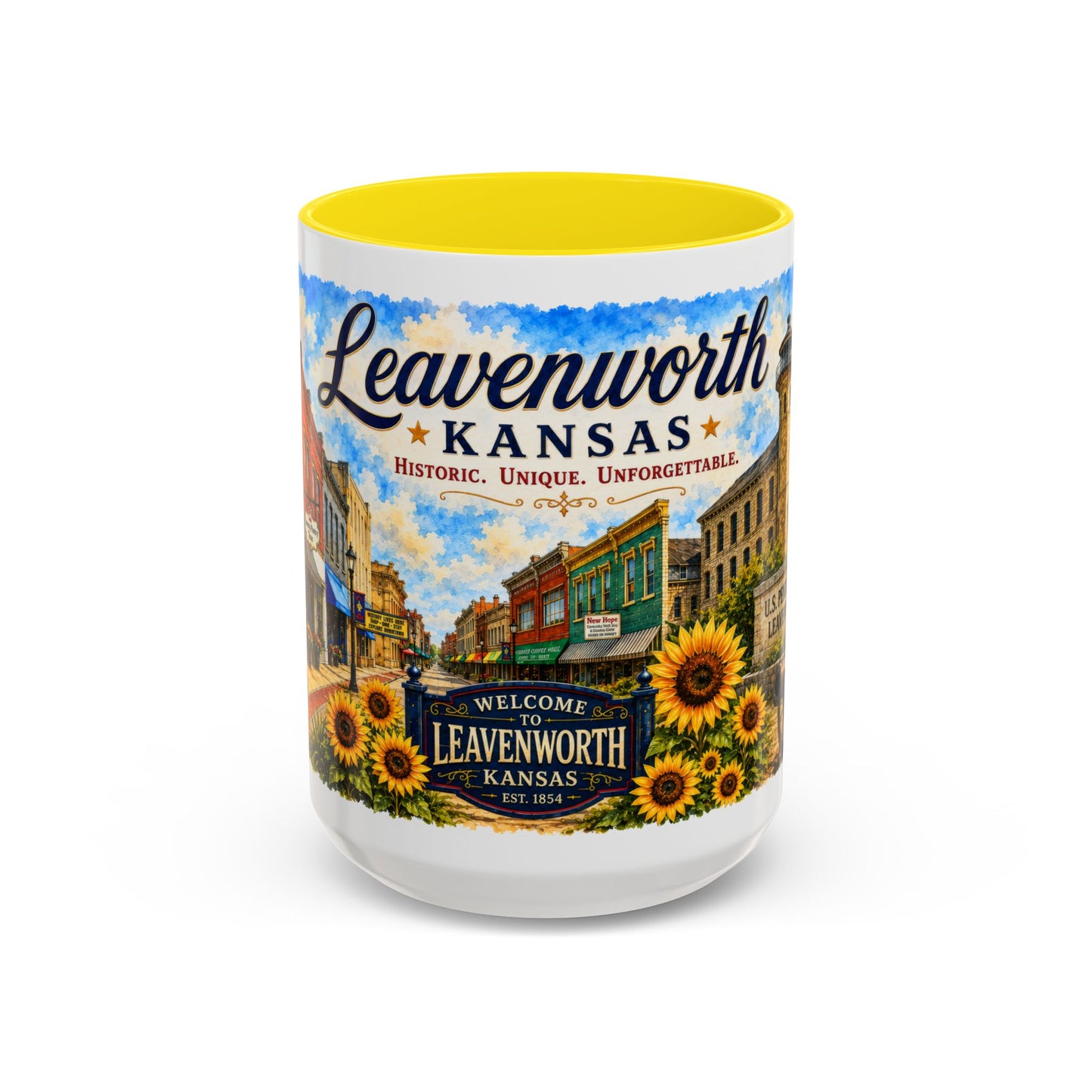 Leavenworth Kansas Scenic Coffee Mug — Sunflowers & Historic Downtown 11oz/15oz