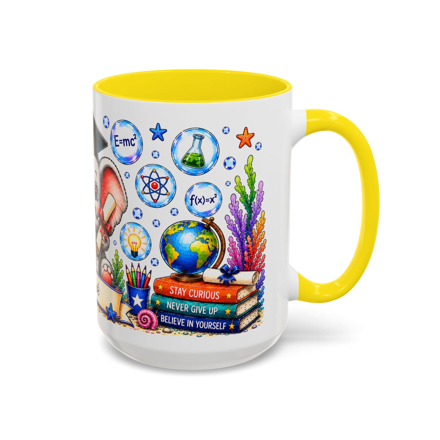 Graduation Elephant Coffee Mug — Cute Grad Cap Design with 'Stay Curious, Never Give Up' Books (11/15oz)