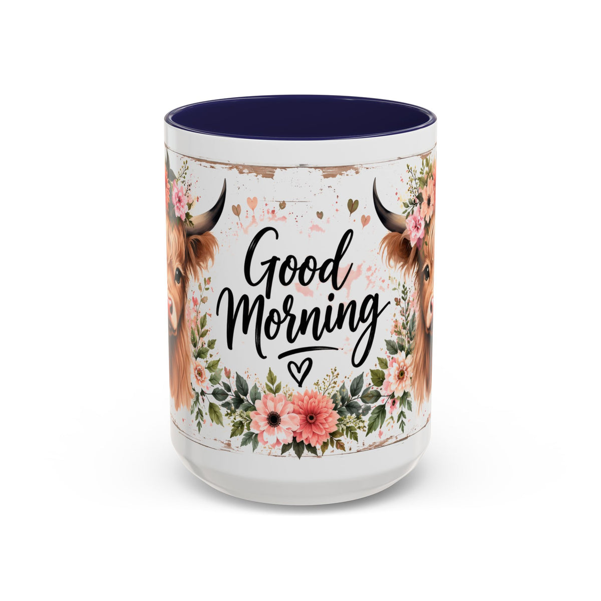 Good Morning Cow Accent Coffee Mug — Floral Highland Cow Ceramic Mug (11/15oz)