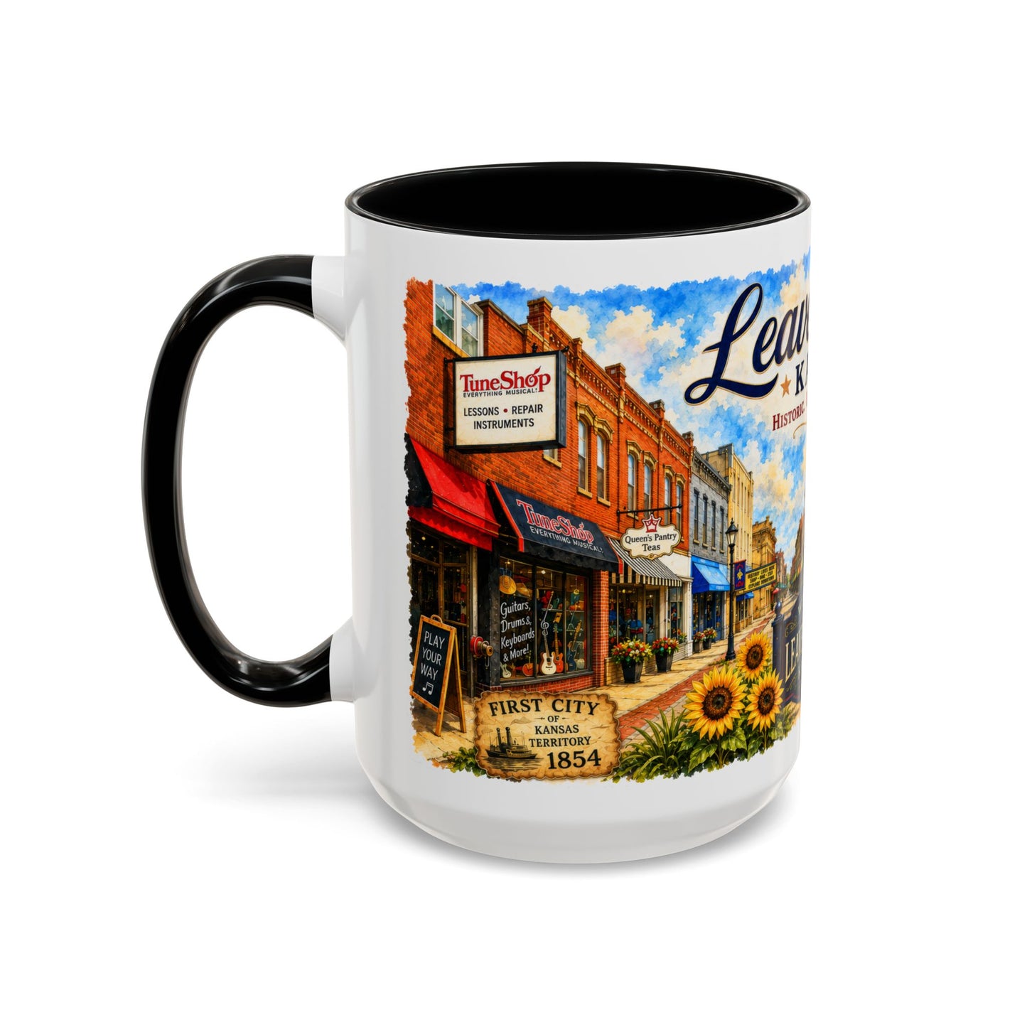 Leavenworth Kansas Scenic Coffee Mug — Sunflowers & Historic Downtown 11oz/15oz
