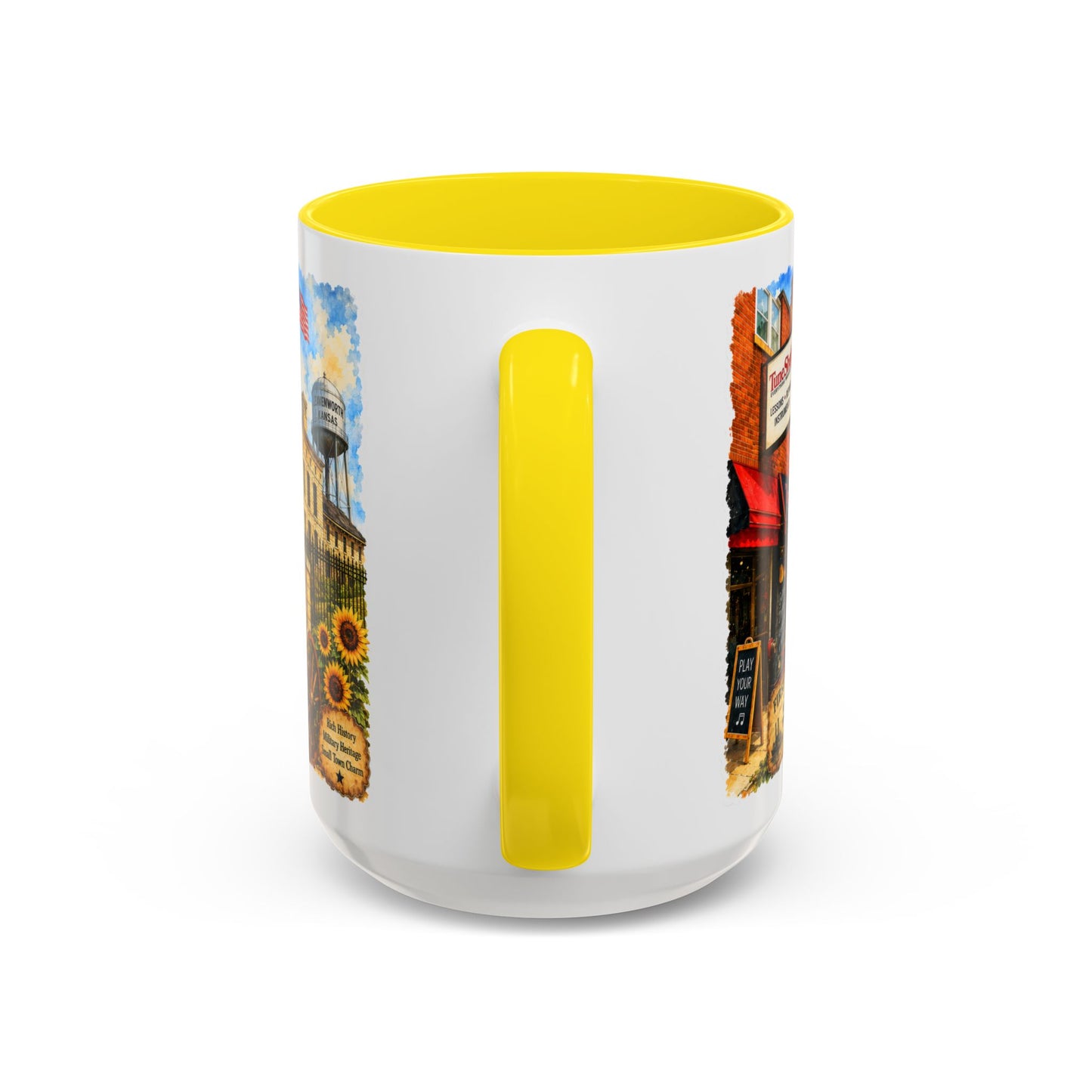 Leavenworth Kansas Scenic Coffee Mug — Sunflowers & Historic Downtown 11oz/15oz