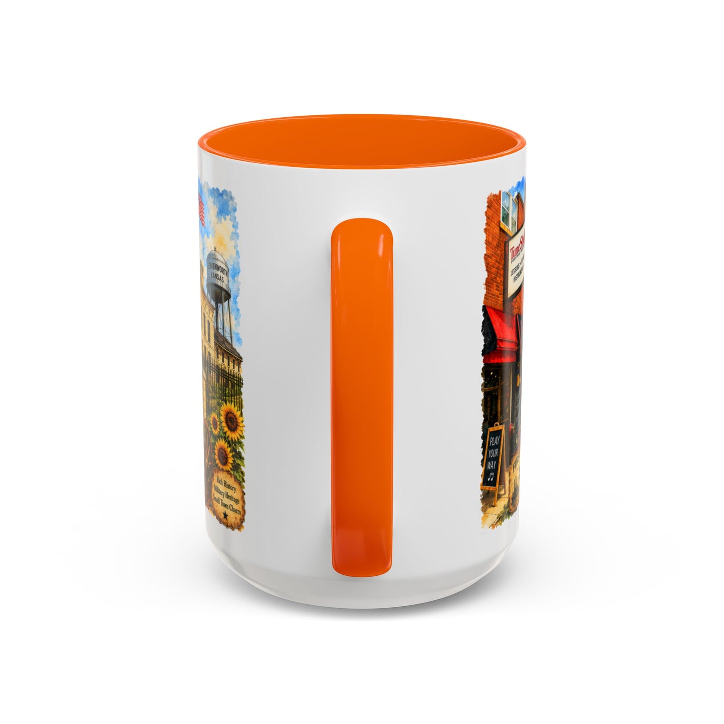 Leavenworth Kansas Scenic Coffee Mug — Sunflowers & Historic Downtown 11oz/15oz