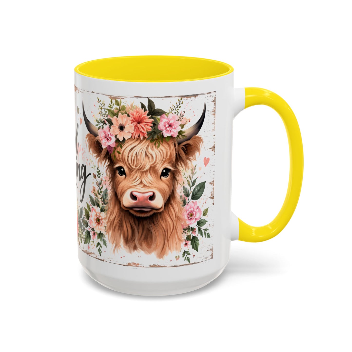 Good Morning Cow Accent Coffee Mug — Floral Highland Cow Ceramic Mug (11/15oz)