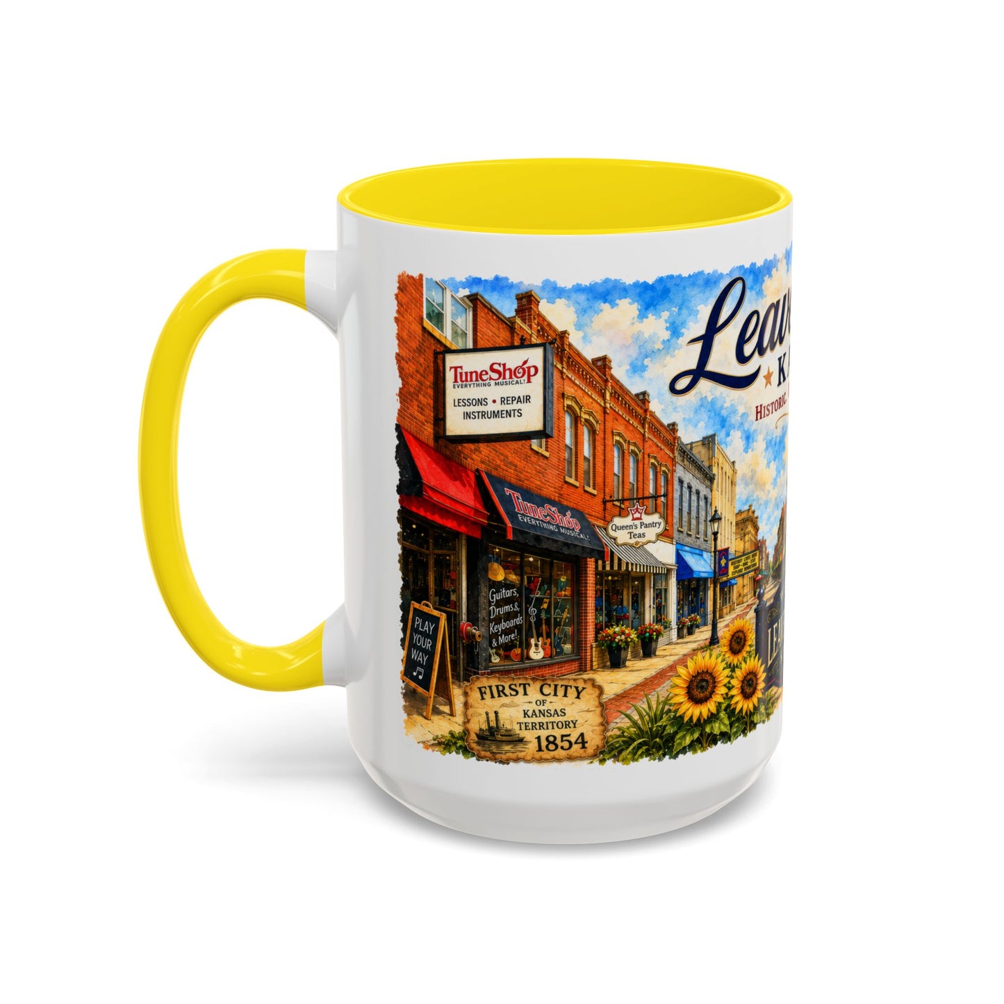 Leavenworth Kansas Scenic Coffee Mug — Sunflowers & Historic Downtown 11oz/15oz