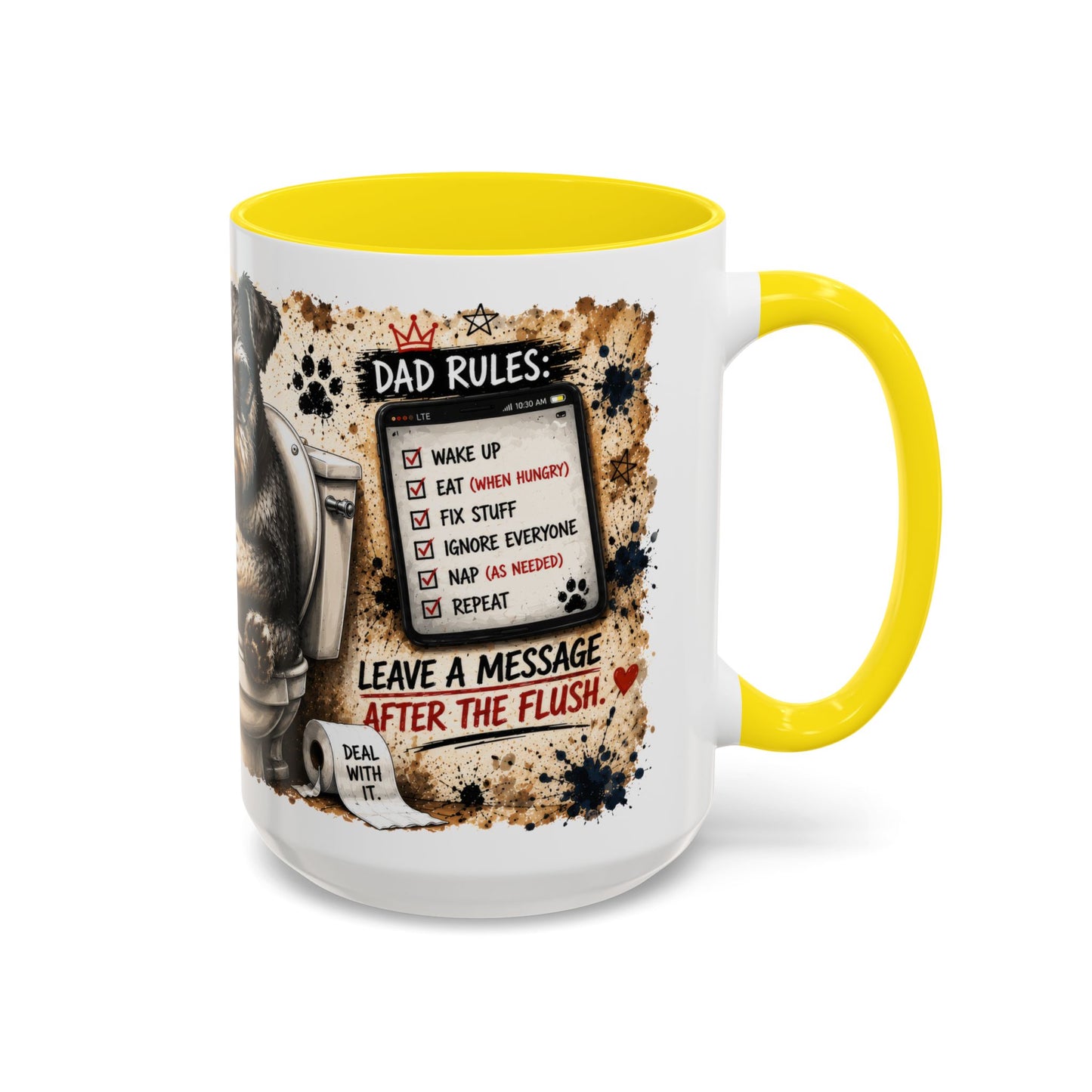 Dad Rules Coffee Mug — Funny Toilet Bulldog Design, "Leave a Message After the Flush" Accent Mug (11/15oz)