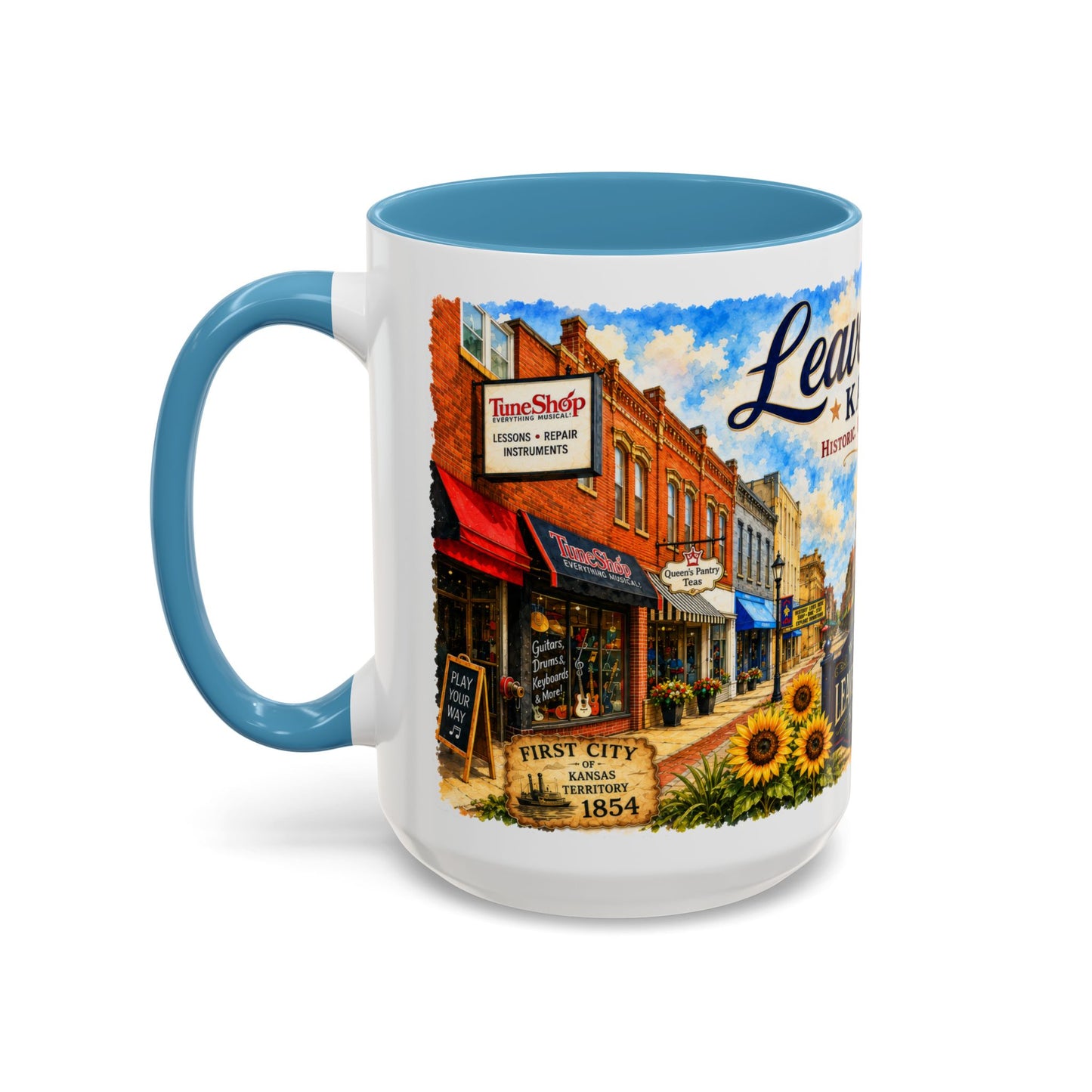 Leavenworth Kansas Scenic Coffee Mug — Sunflowers & Historic Downtown 11oz/15oz