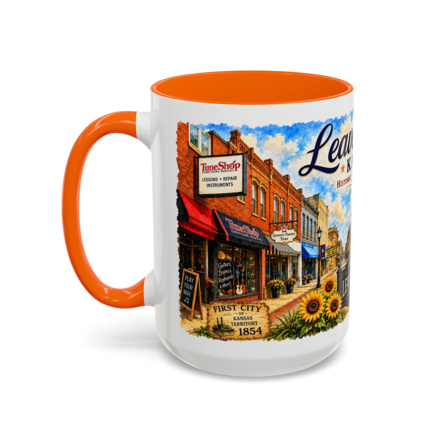 Leavenworth Kansas Scenic Coffee Mug — Sunflowers & Historic Downtown 11oz/15oz