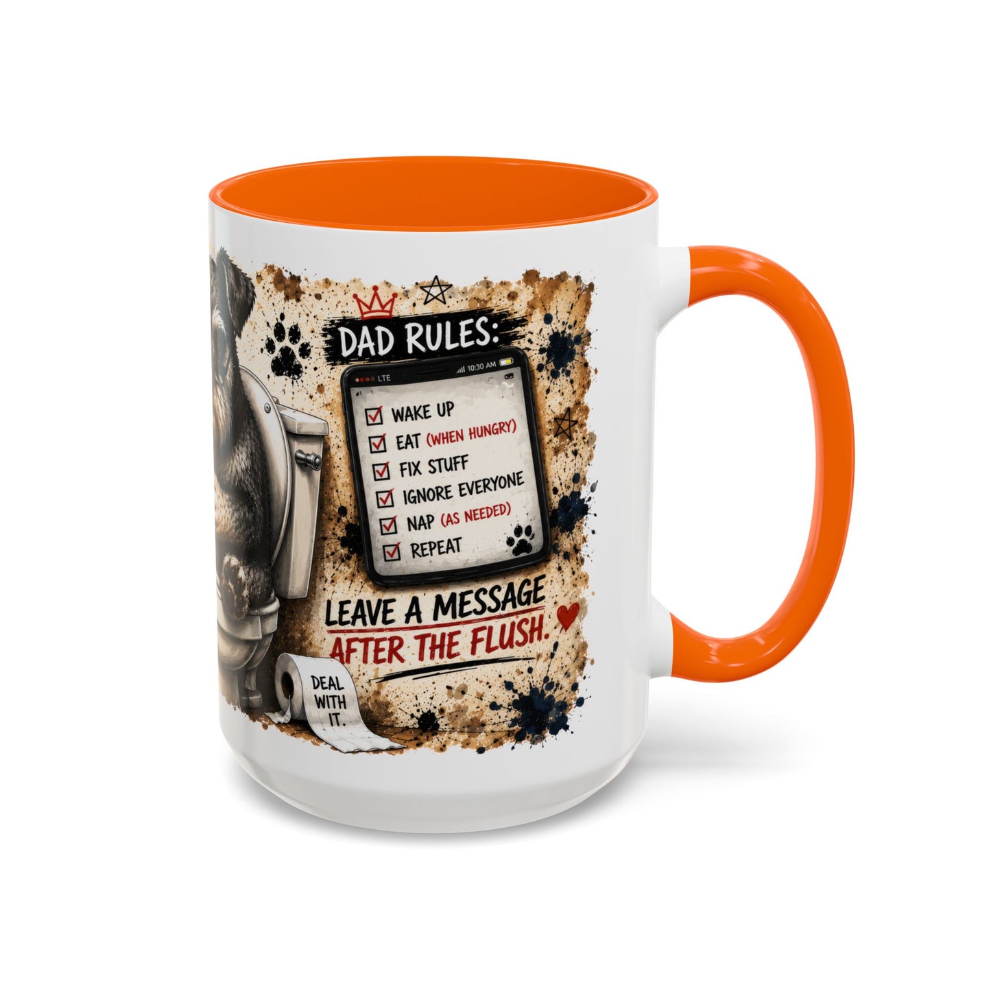 Dad Rules Coffee Mug — Funny Toilet Bulldog Design, "Leave a Message After the Flush" Accent Mug (11/15oz)