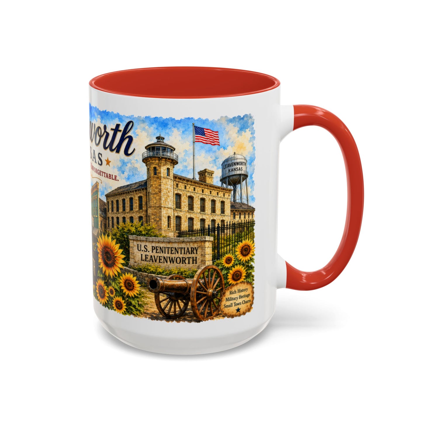 Leavenworth Kansas Scenic Coffee Mug — Sunflowers & Historic Downtown 11oz/15oz