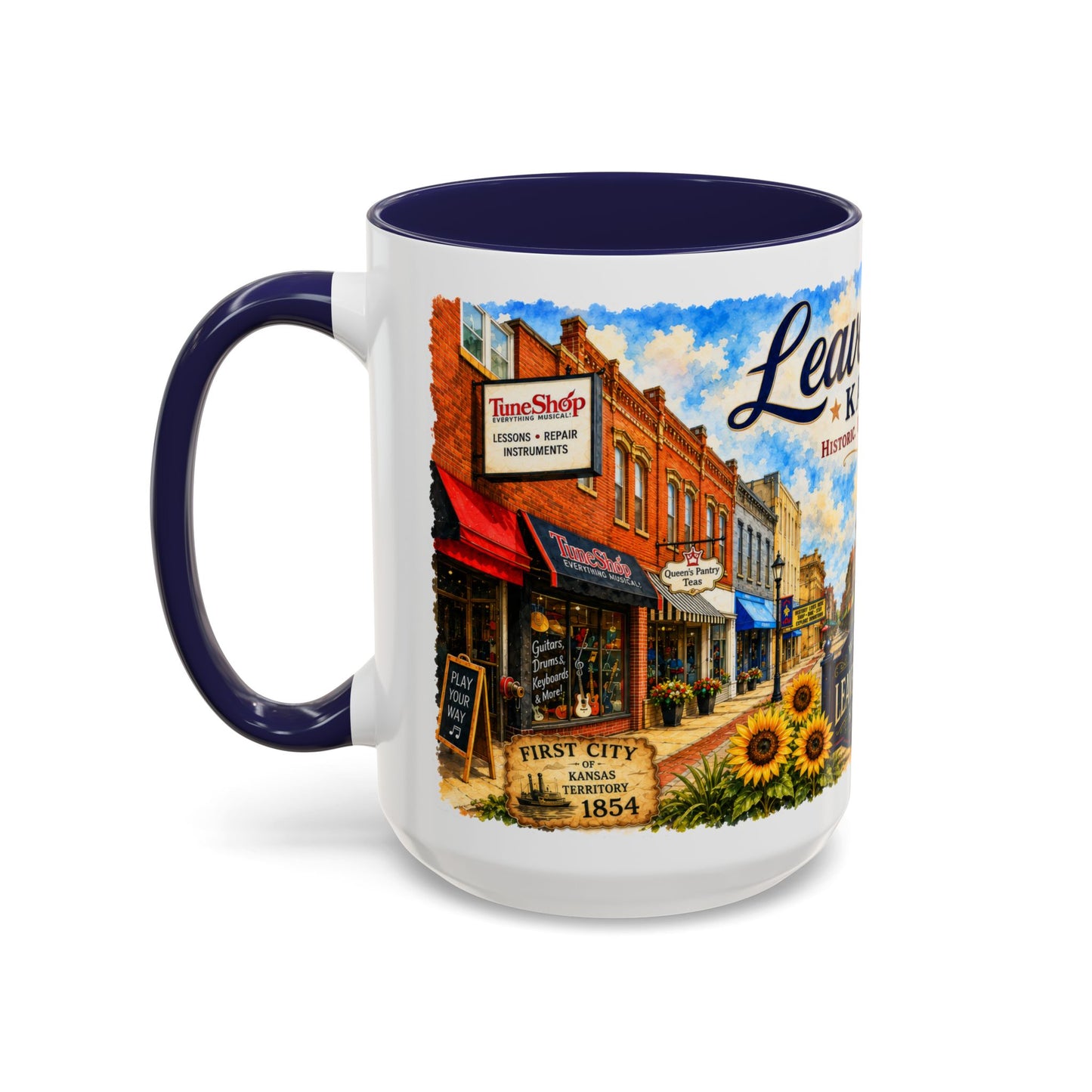 Leavenworth Kansas Scenic Coffee Mug — Sunflowers & Historic Downtown 11oz/15oz