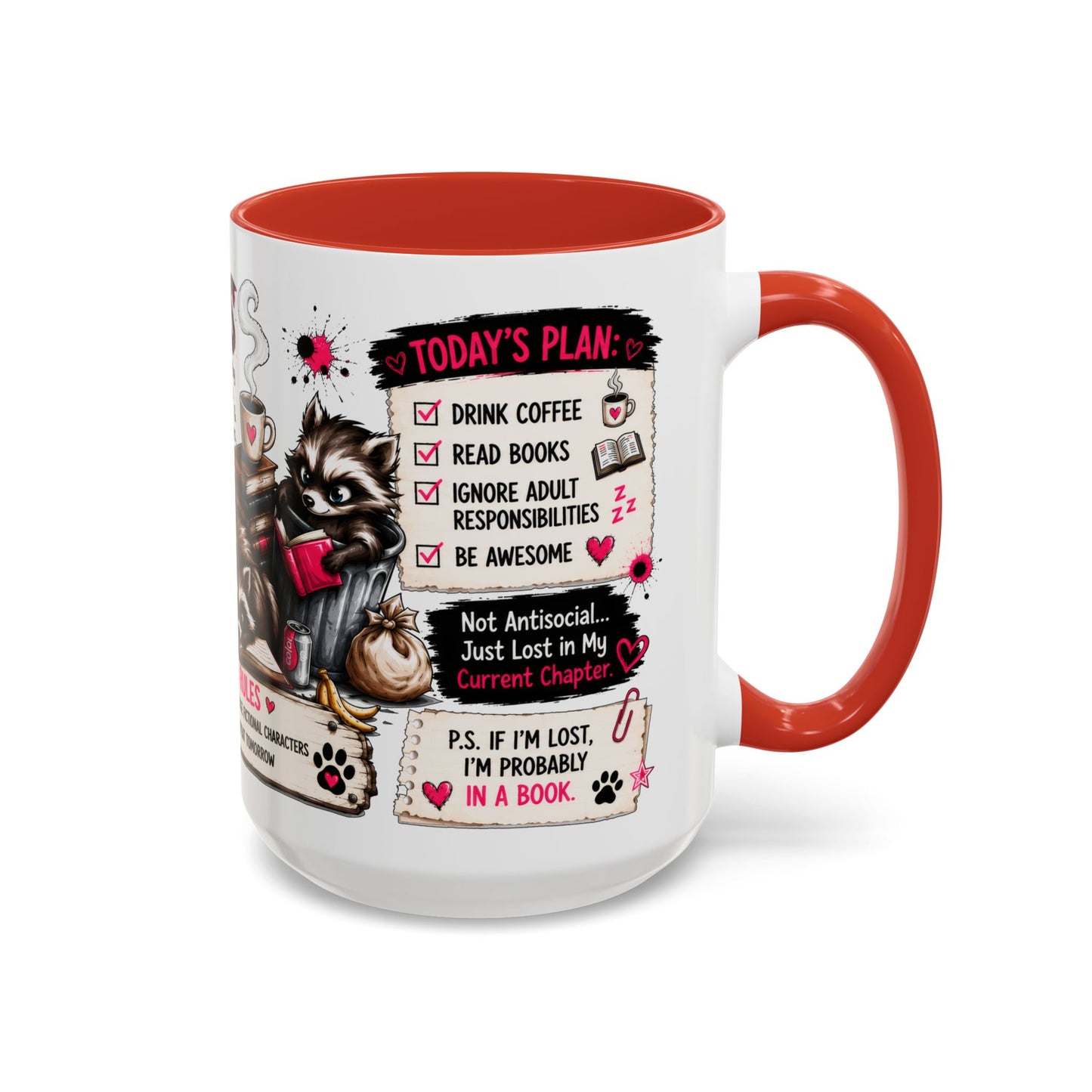 Book Lover Coffee Mug — "Today's Plan" Raccoon Reading Design (11/15oz)