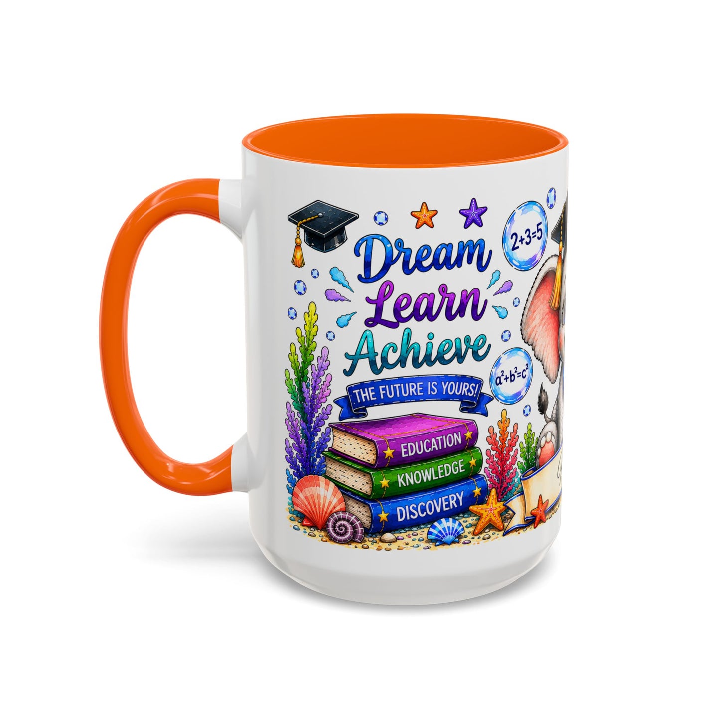 Graduation Elephant Coffee Mug — Cute Grad Cap Design with 'Stay Curious, Never Give Up' Books (11/15oz)