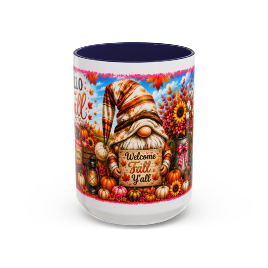 Welcome Fall Y'all Coffee Mug — Autumn Gnome Sunflowers Pumpkin Decor (First City, Kansas)