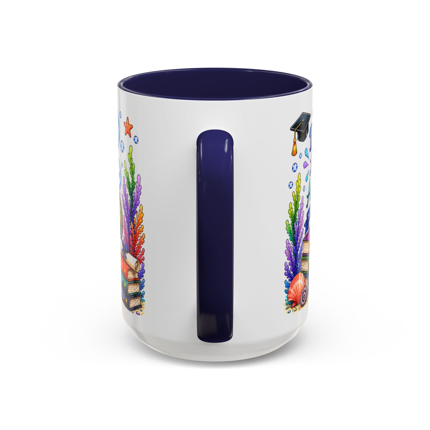 Graduation Elephant Coffee Mug — Cute Grad Cap Design with 'Stay Curious, Never Give Up' Books (11/15oz)