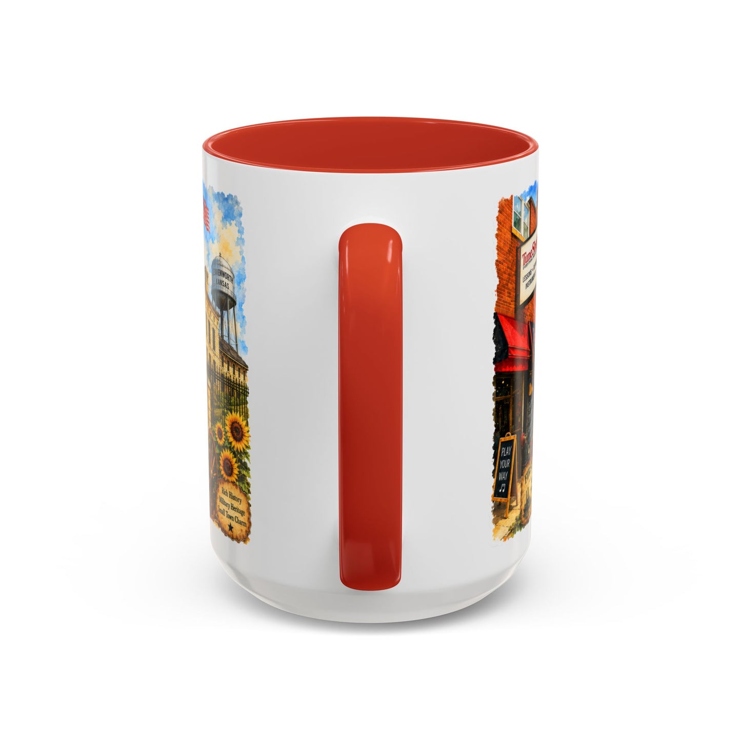 Leavenworth Kansas Scenic Coffee Mug — Sunflowers & Historic Downtown 11oz/15oz